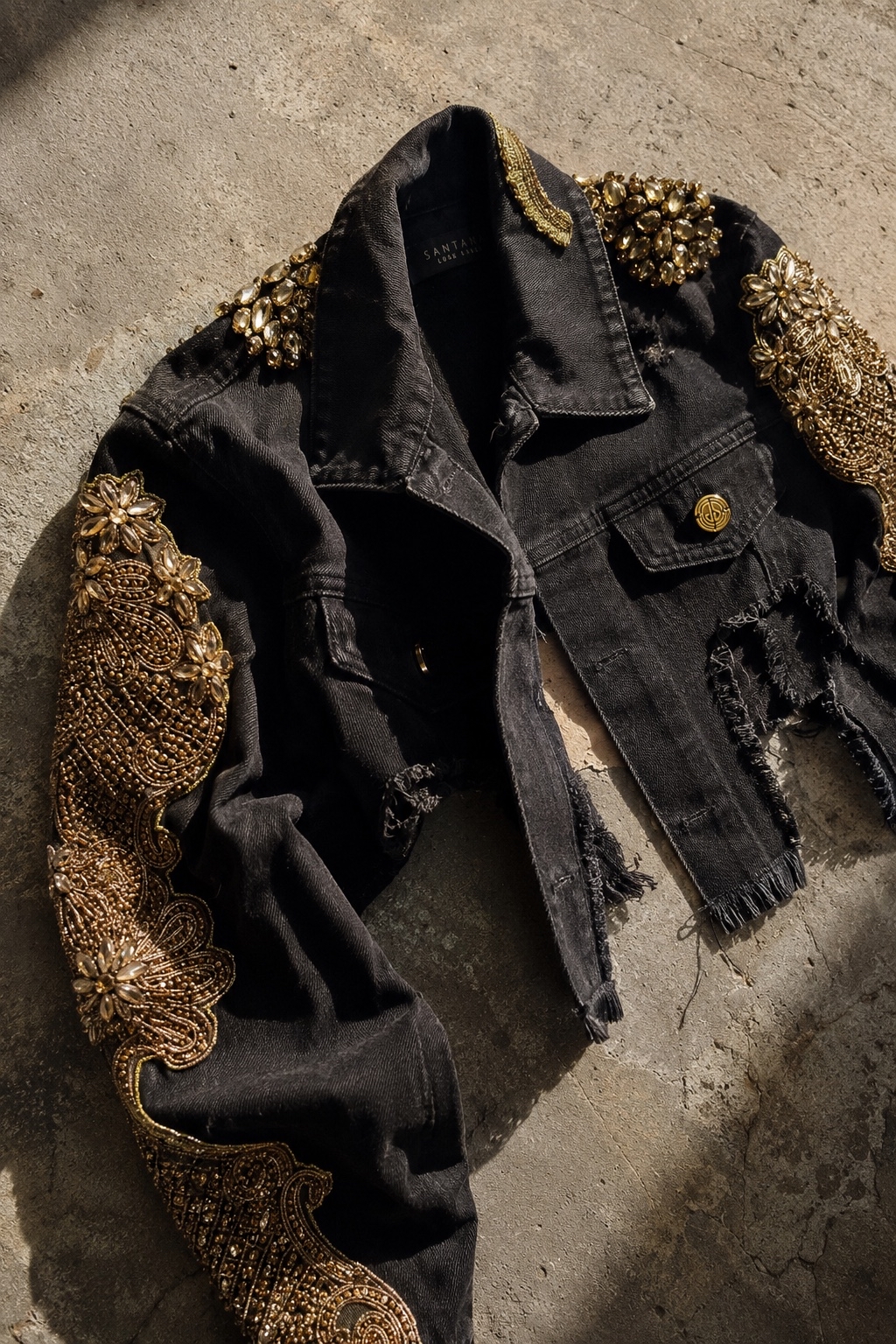 Anubis Jacket detail — gold hand embroidery and crystal embellishment
